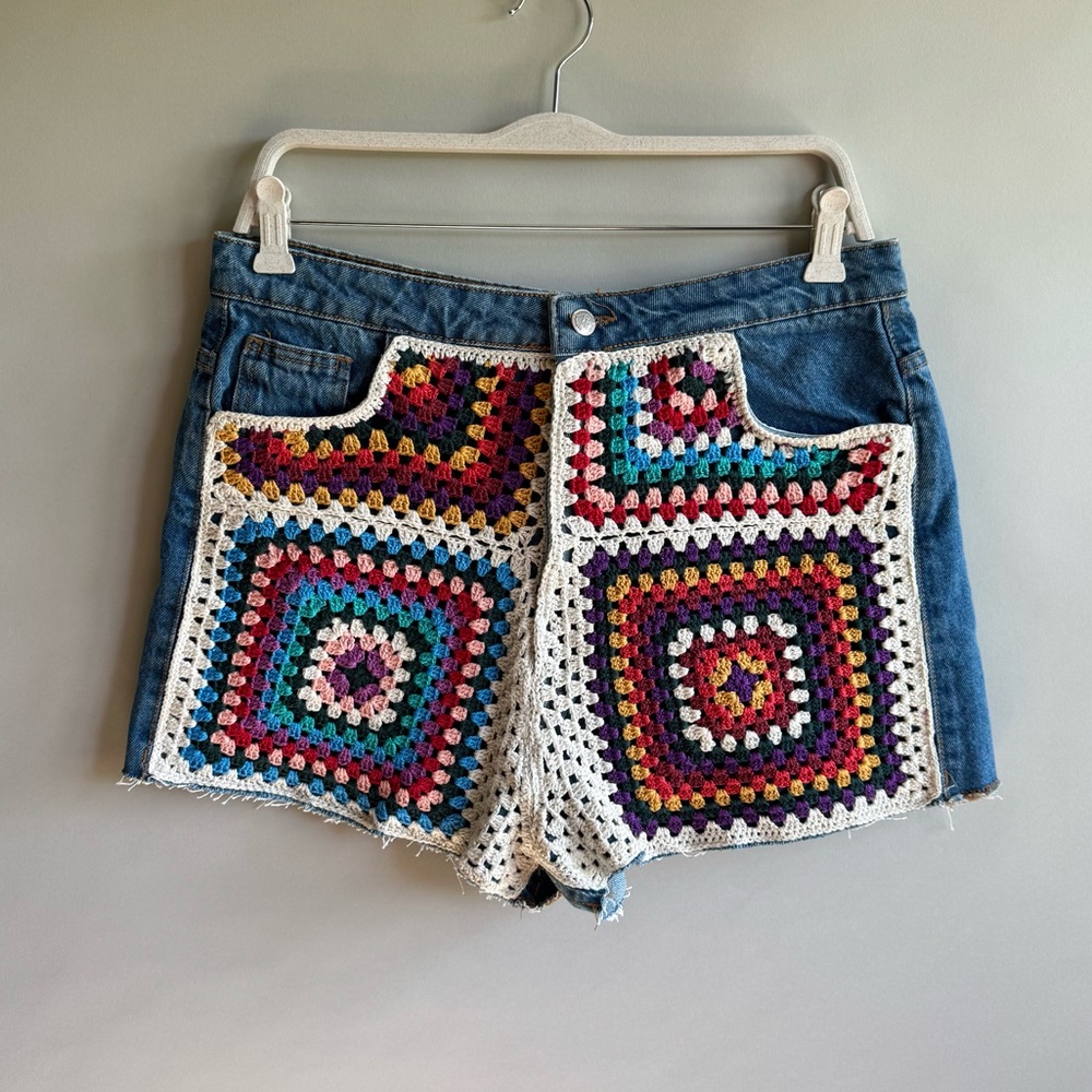 FARM Rio Blue Denim Shorts with Multicolor Crochet Front Panels